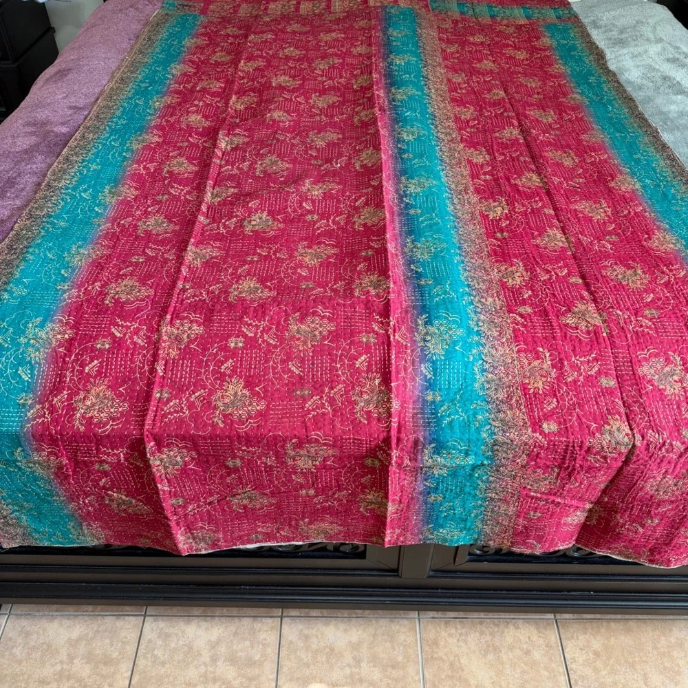 VTG New Kantha Quilt Throw Blanket Red Teal Floral Paisley Hand Stitched 92x52